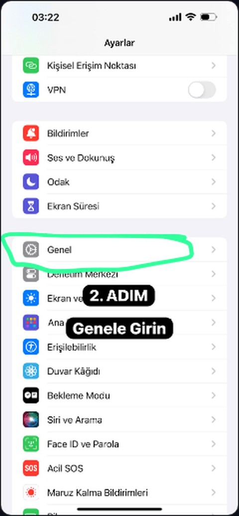 iPhone Genel menüsü