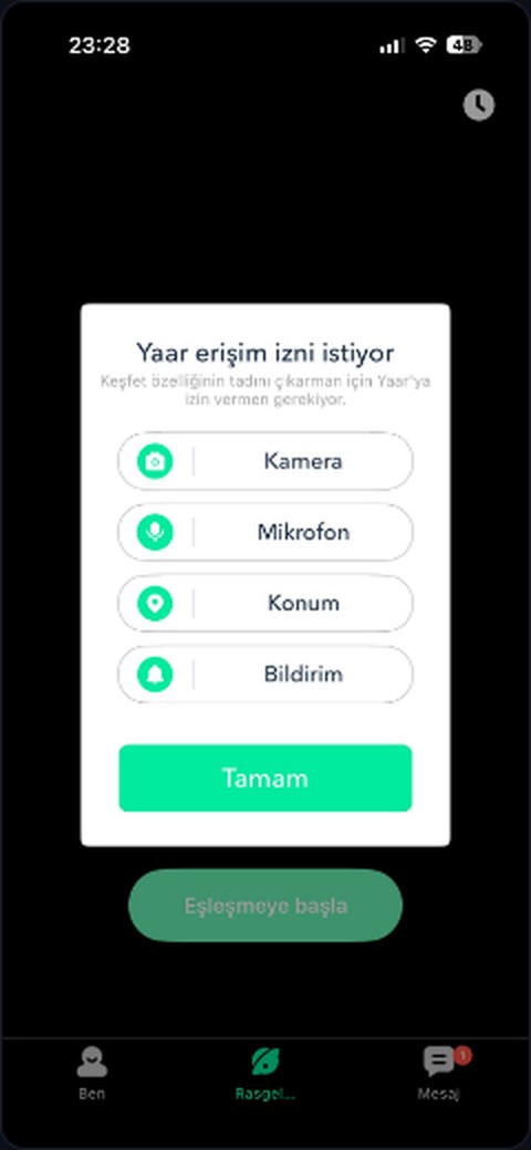 Yaarlive izin ekranı